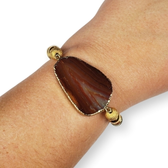 Agate Slice Beaded Bracelet Red Brown Banded Natural Stone Gold Gilt Stretch 7" - Picture 6 of 6